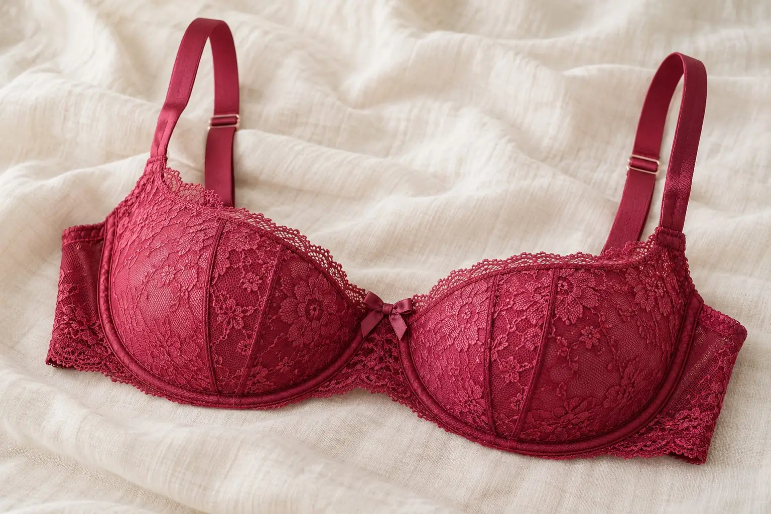 A raspberry lace balconette bra with seamed cups on cream linen