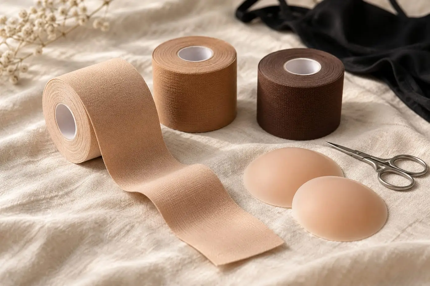 Three rolls of boob tape in light, tan and deep brown beside a pair of silicone nipple covers and small scissors on cream linen