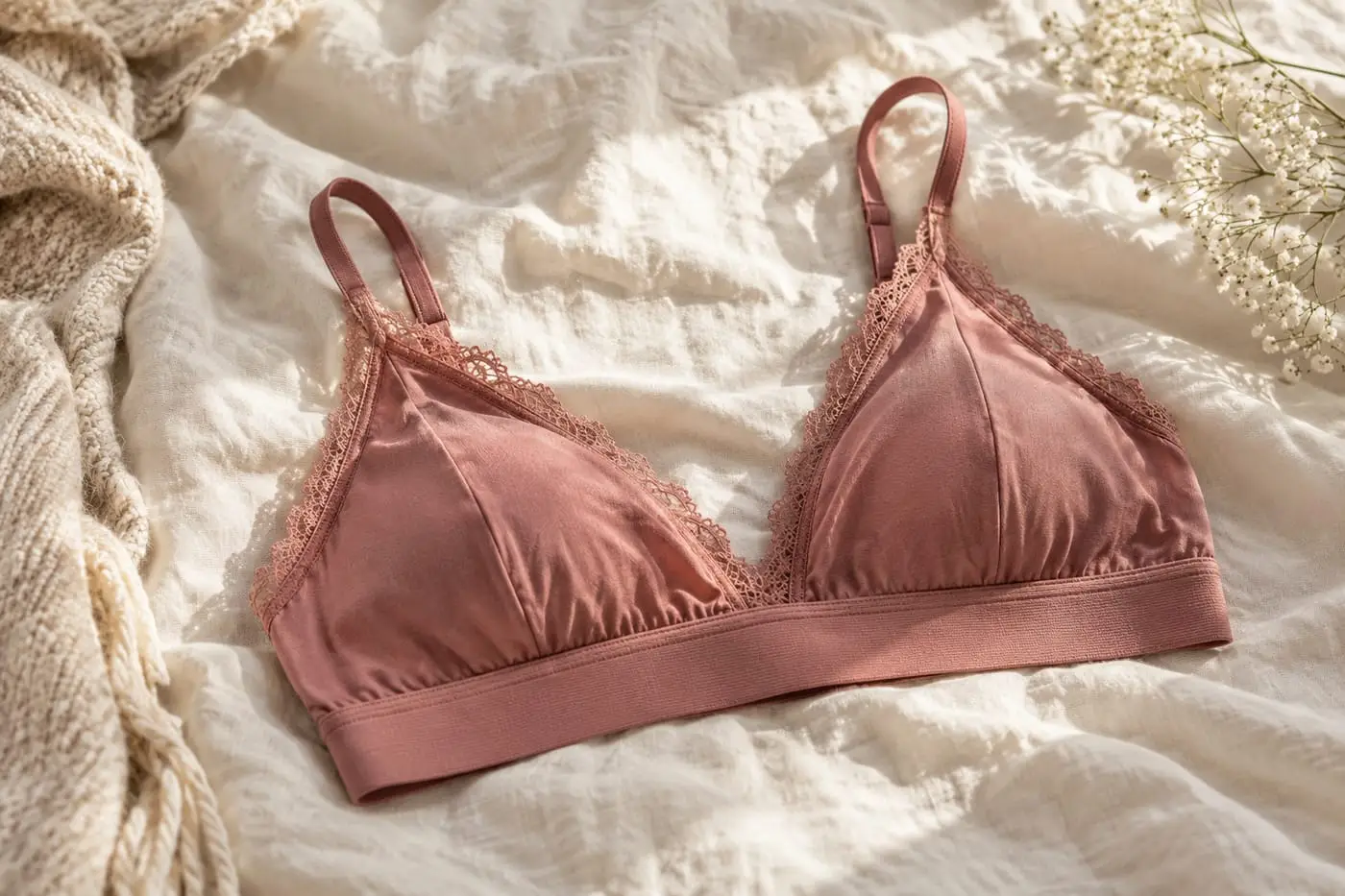 A dusty rose lace-trimmed bralette on cream bedding