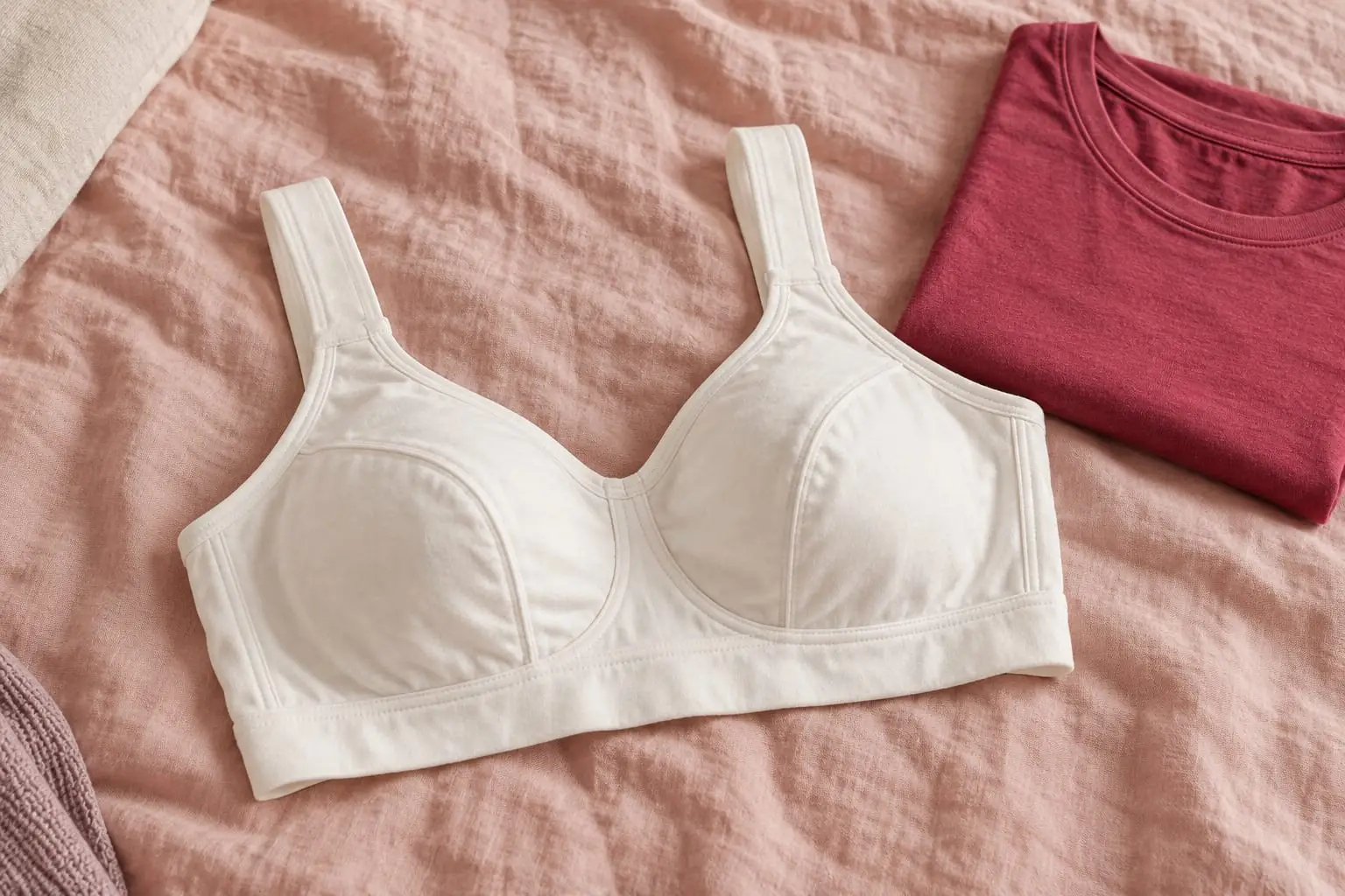 A soft white cotton wire-free bra with wide straps on blush linen, beside a folded berry T-shirt