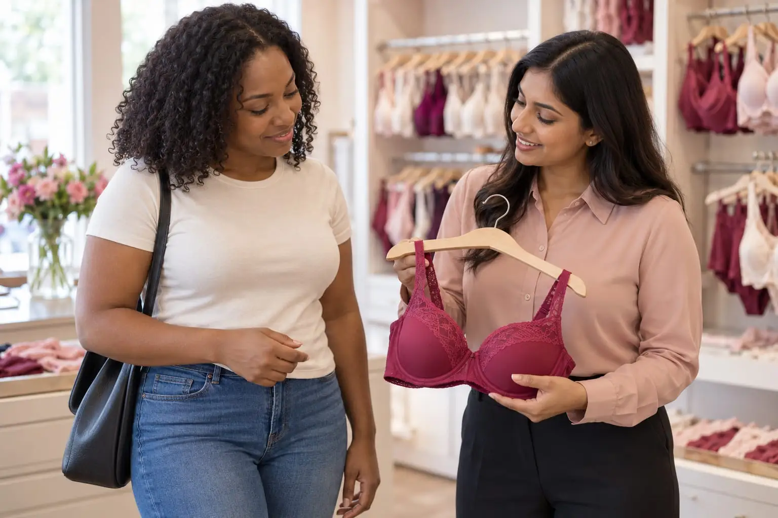 A fitter in a lingerie shop holding up a raspberry lace bra for a customer