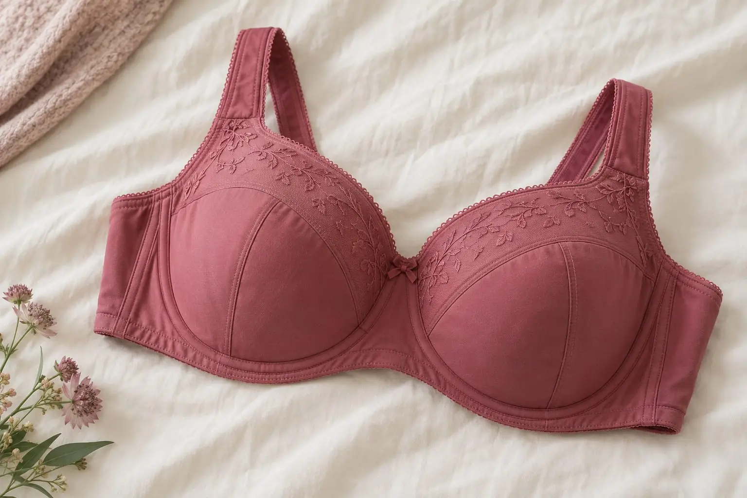 A rose full-coverage bra with seamed cups, wide straps and an embroidered top edge on white linen