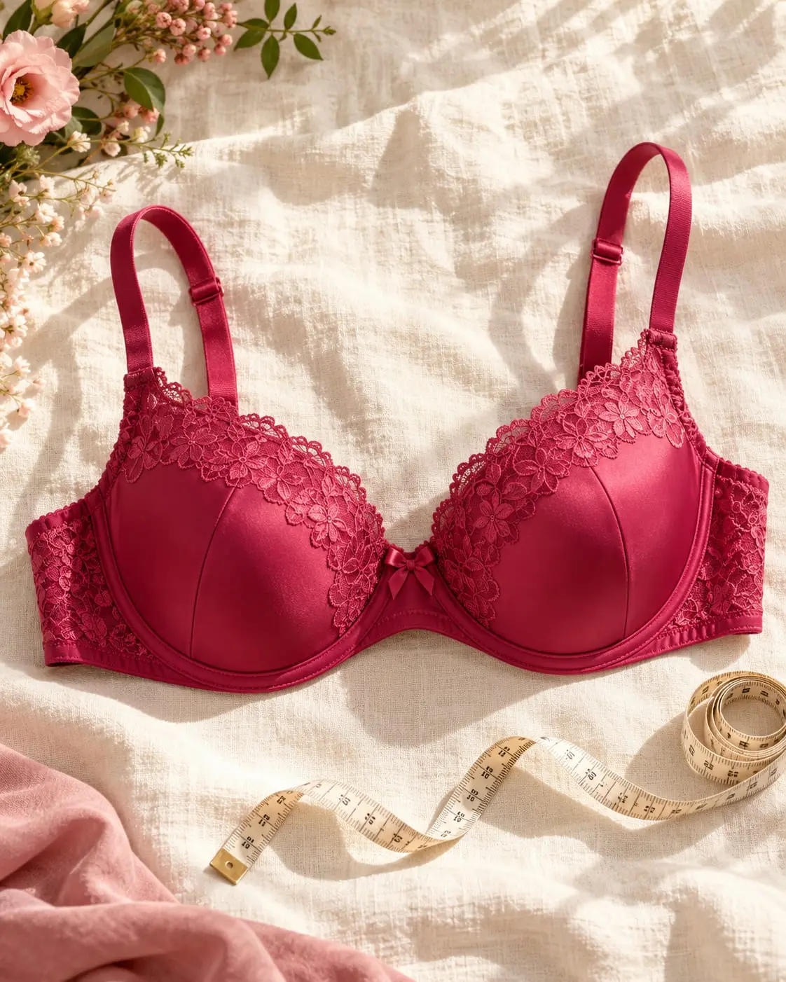 A raspberry satin bra with floral lace and a tape measure on cream linen