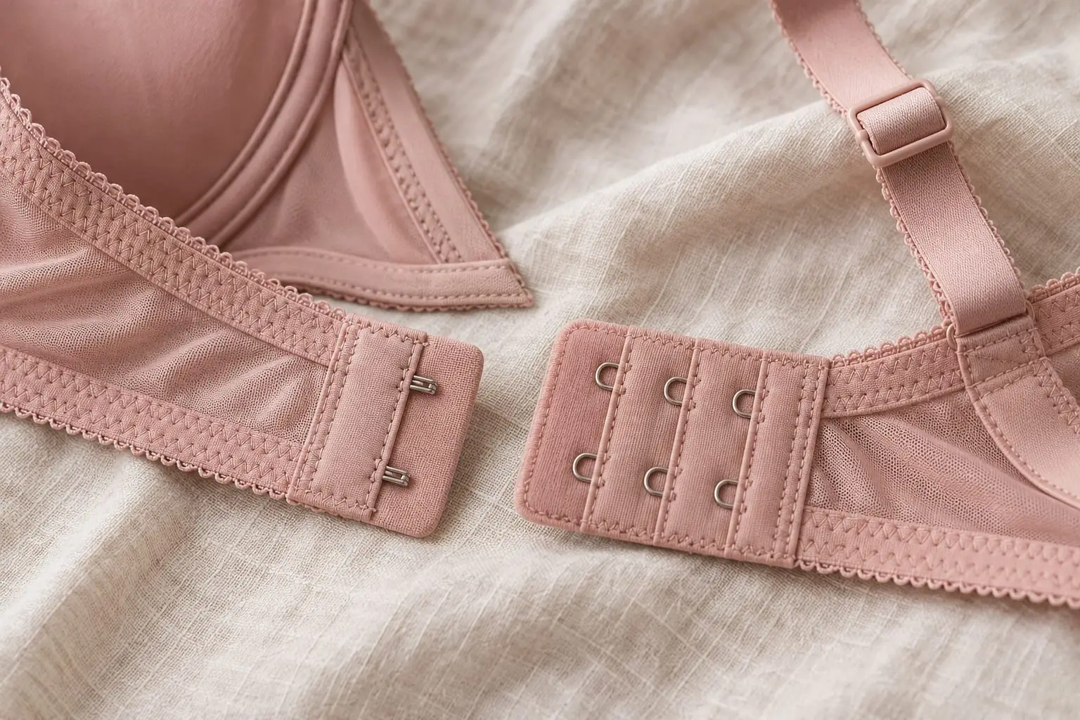 A blush bra laid open to show its two hooks, three columns of eyes and an adjustable strap slider