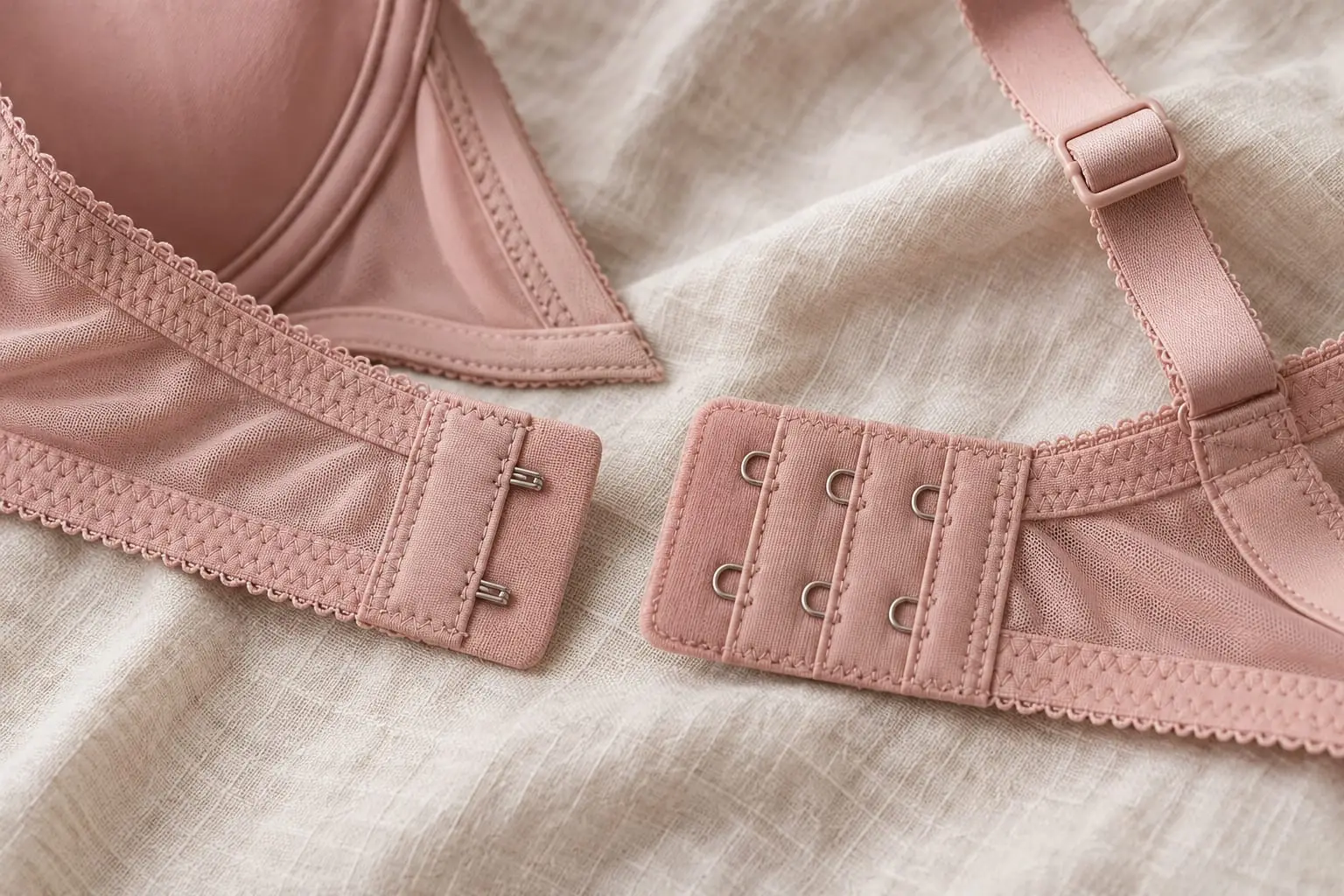Close-up of the hooks and adjustable straps on a blush bra