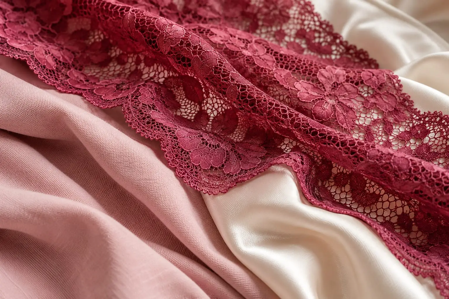 Berry floral lace lying over blush cotton jersey and ivory satin