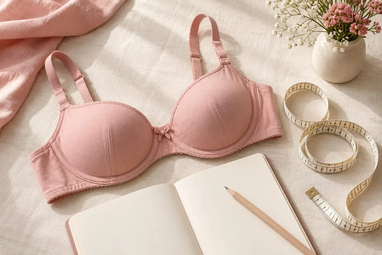 A pink bra beside a tape measure, an open notebook and a pencil