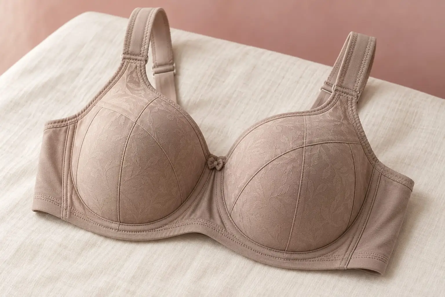A taupe full-cup minimiser bra with seamed, leaf-patterned cups on linen