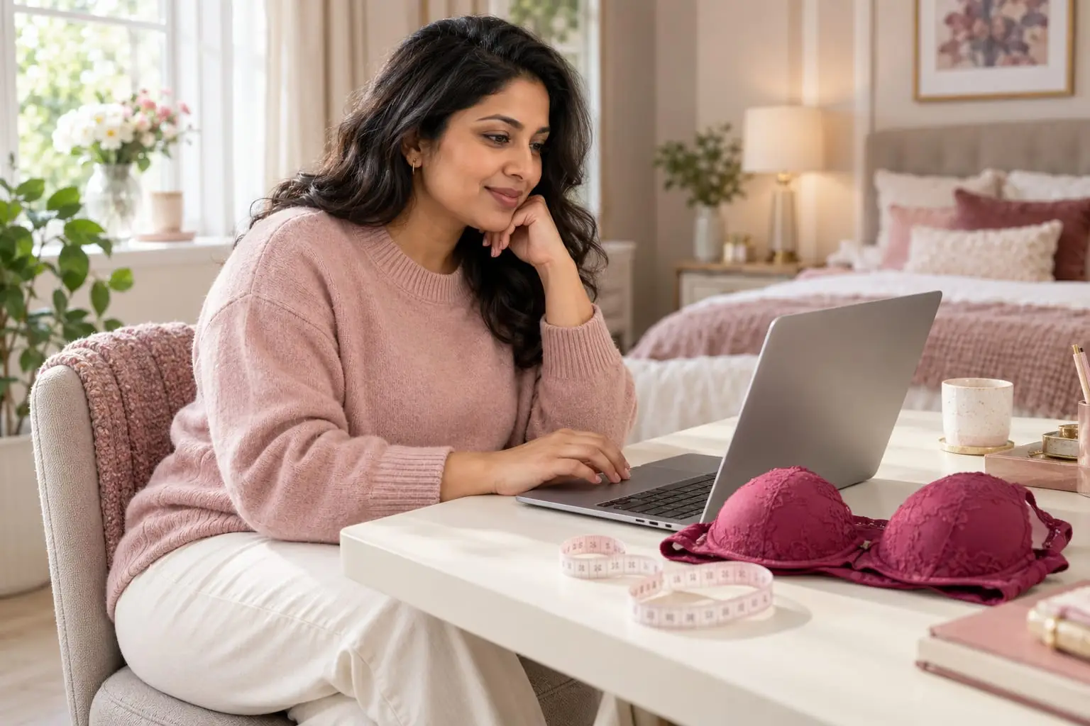 A woman shopping for bras on a laptop at home, with a tape measure and a berry lace bra beside her