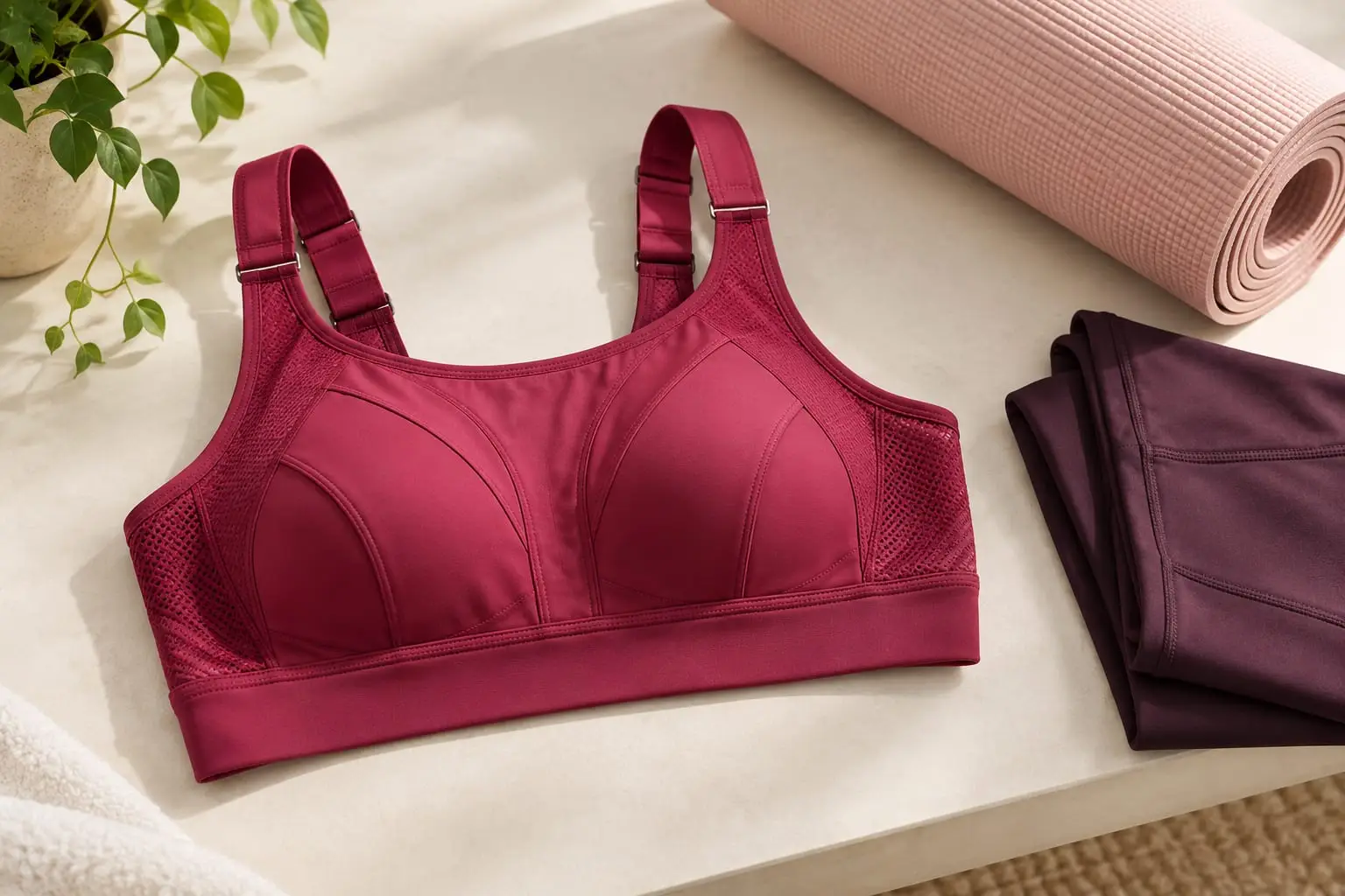 A raspberry high-impact sports bra with mesh side panels beside a pink yoga mat and plum leggings