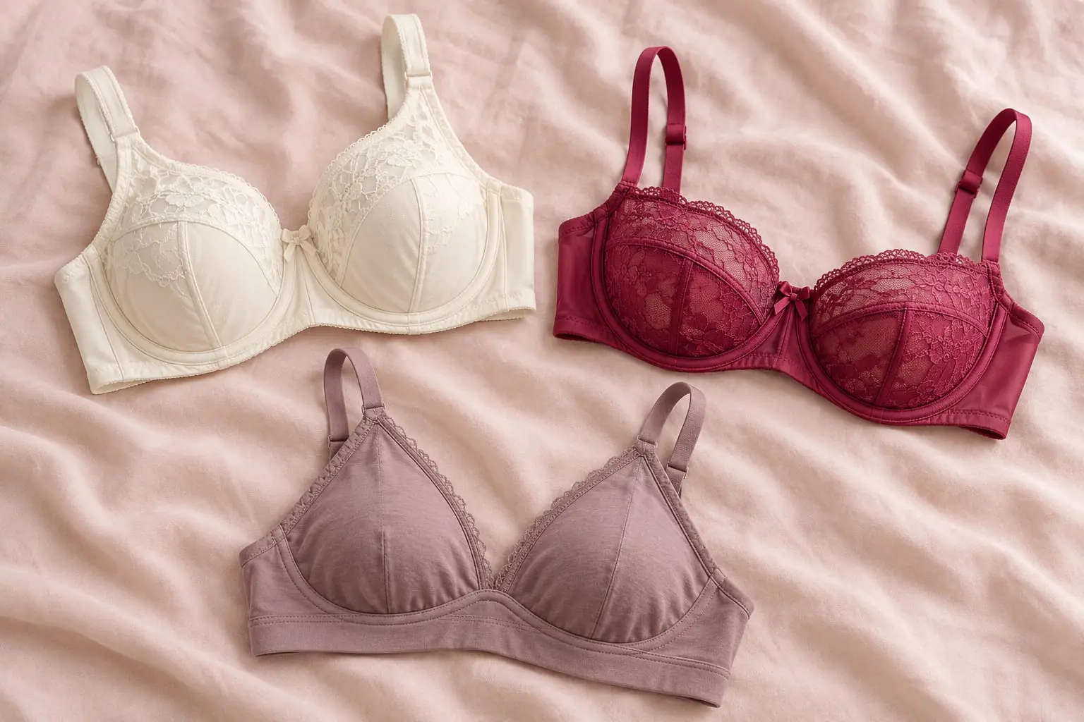 Three bras on a blush sheet: an ivory lace full cup, a raspberry lace balconette and a mauve wire-free bra
