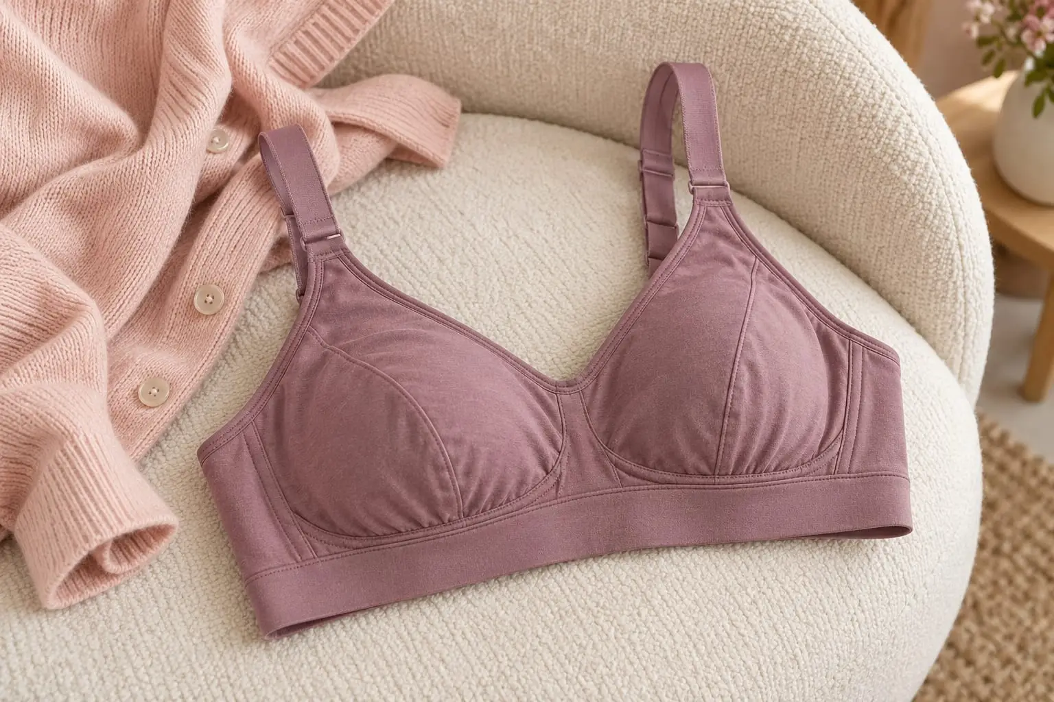 A mauve wire-free bra with a deep underband on a cream boucle chair beside a pink cardigan
